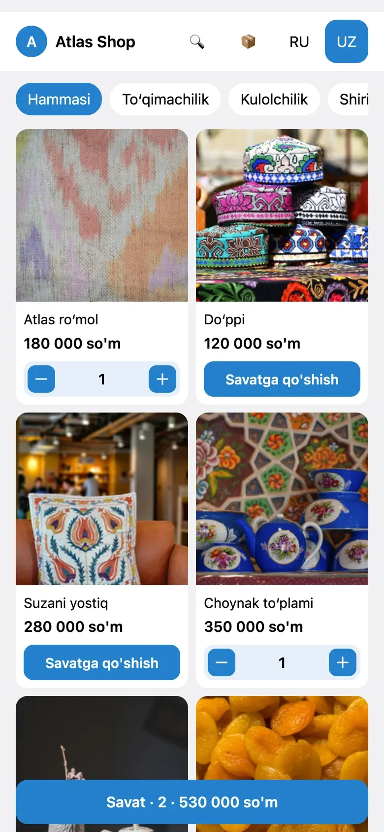 Telegram Mini Appʼdagi Atlas Shop doʻkoni katalogi: toifalar, mahsulot rasmlari, soʻmdagi narxlar va «Savatga qoʻshish» tugmalari